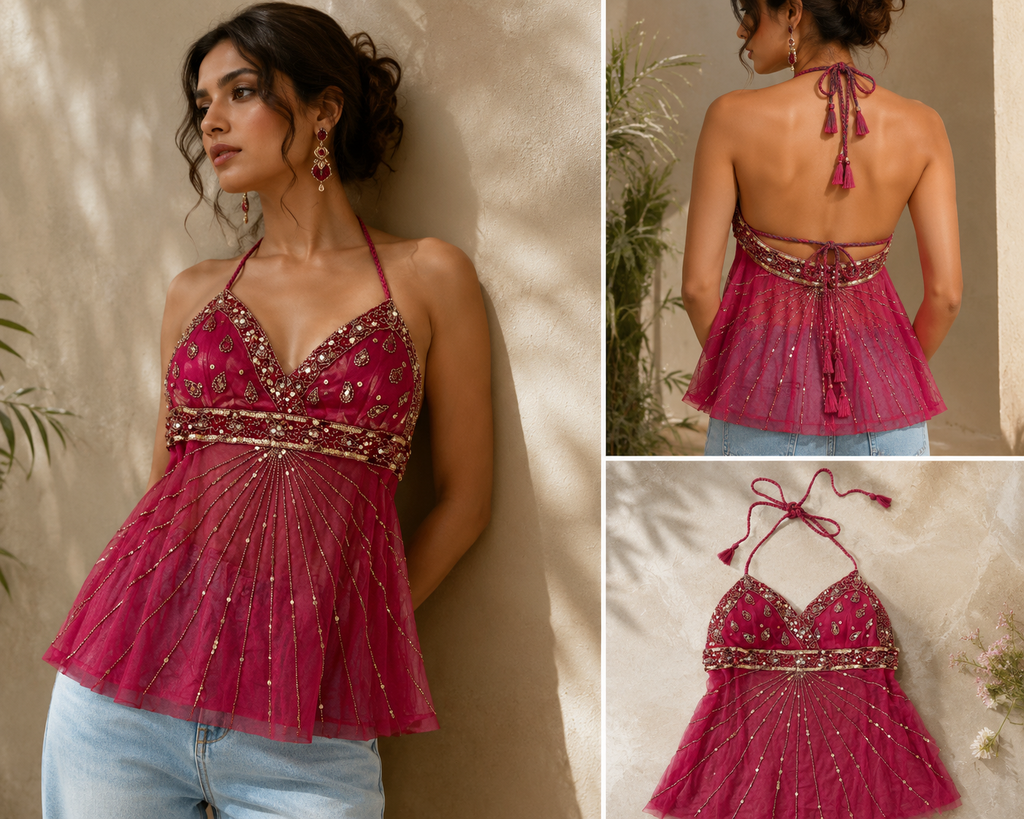 Gulnaar Embroidered Georgette Halter Top