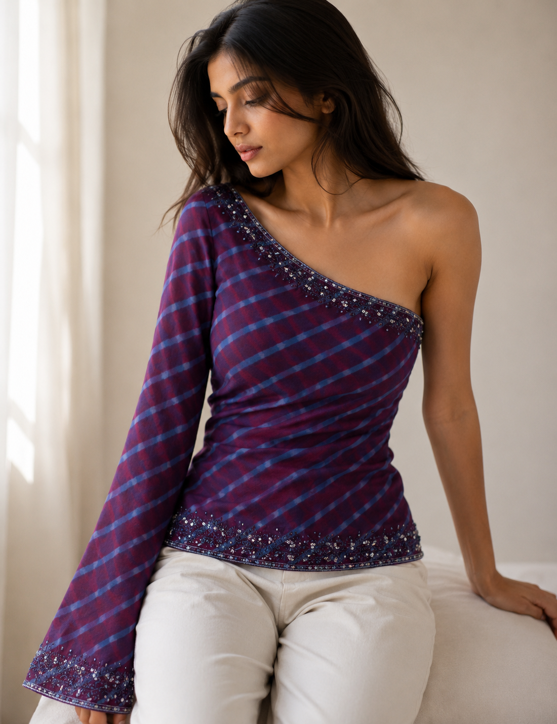 Azure Leher One-Shoulder Georgette Top