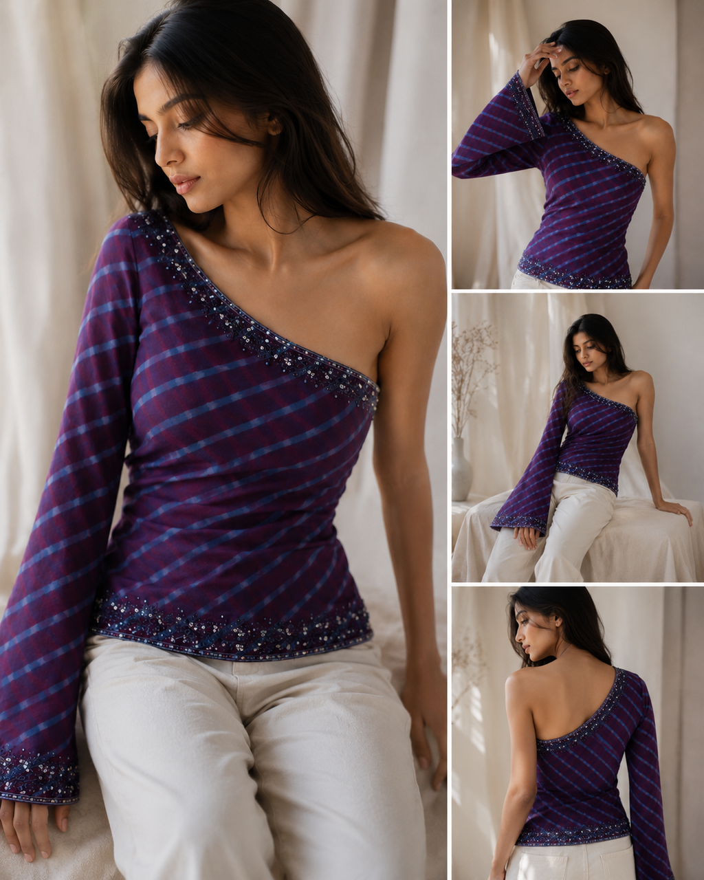 Azure Leher One-Shoulder Georgette Top