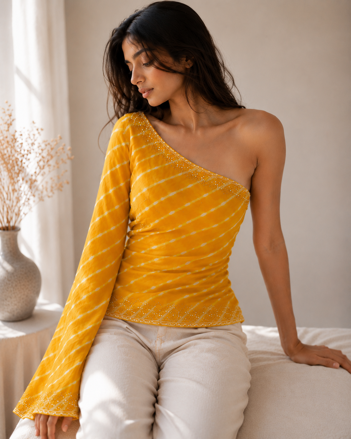 Azure Leher One-Shoulder Georgette Top