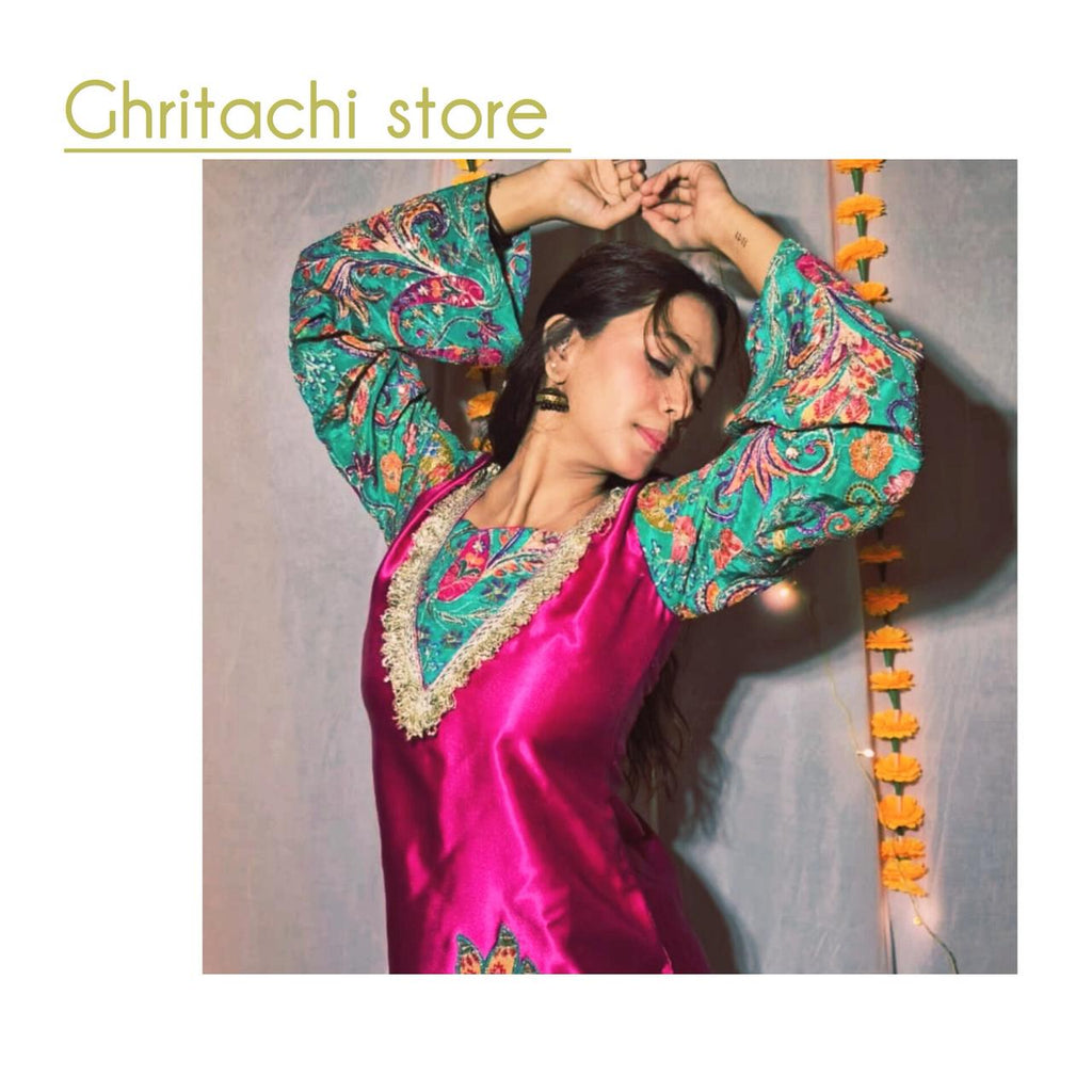 Fuchsia pink satin Kurti with Kashmiri-Style Embroidered Sleeves ✨
