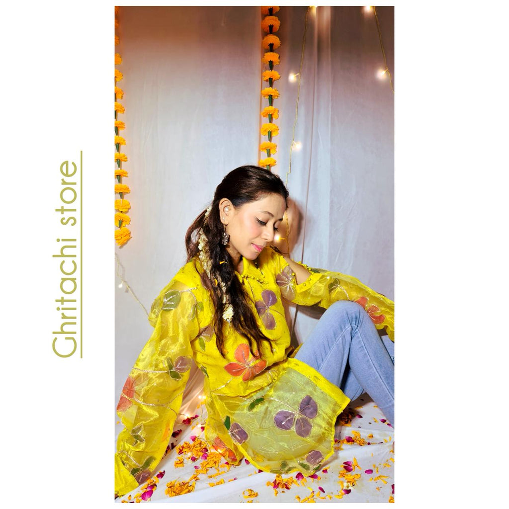 Yellow sheer short Kurti-cum-Shirt  ✨