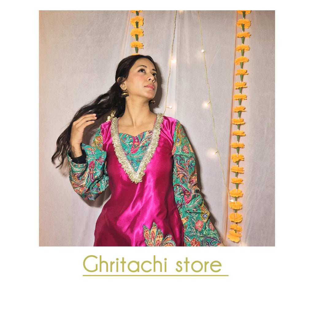 Fuchsia pink satin Kurti with Kashmiri-Style Embroidered Sleeves ✨