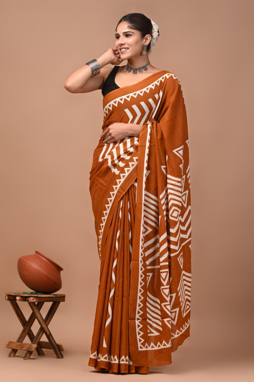 Rust Earth Bagru Print Cotton Saree