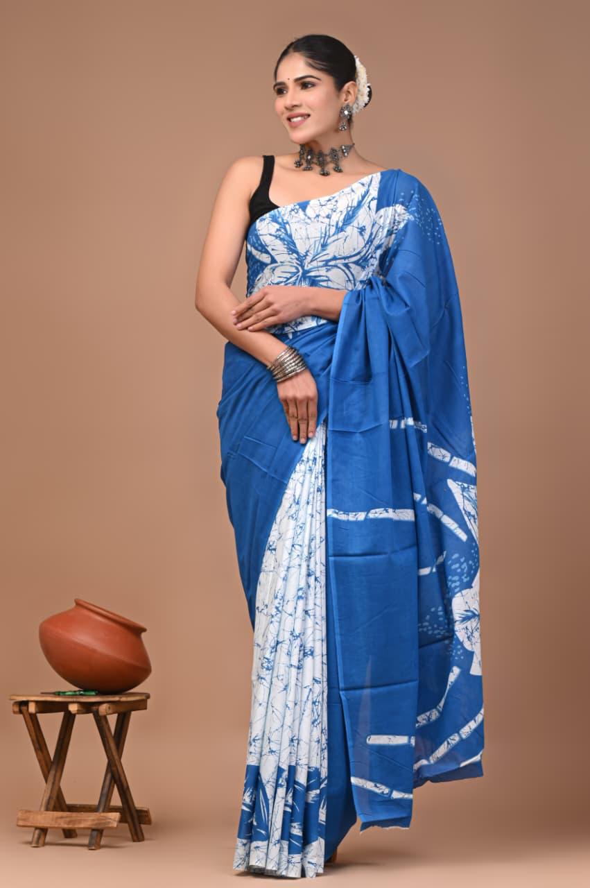 Royal Blue Bagru Print Cotton Saree
